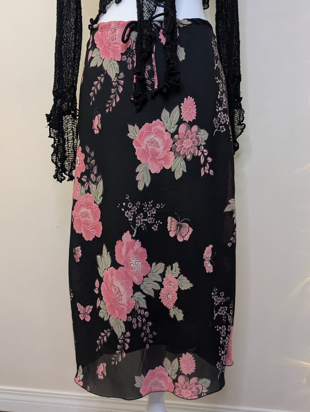 Y2K Floral Print Pink And Black Midi Skirt